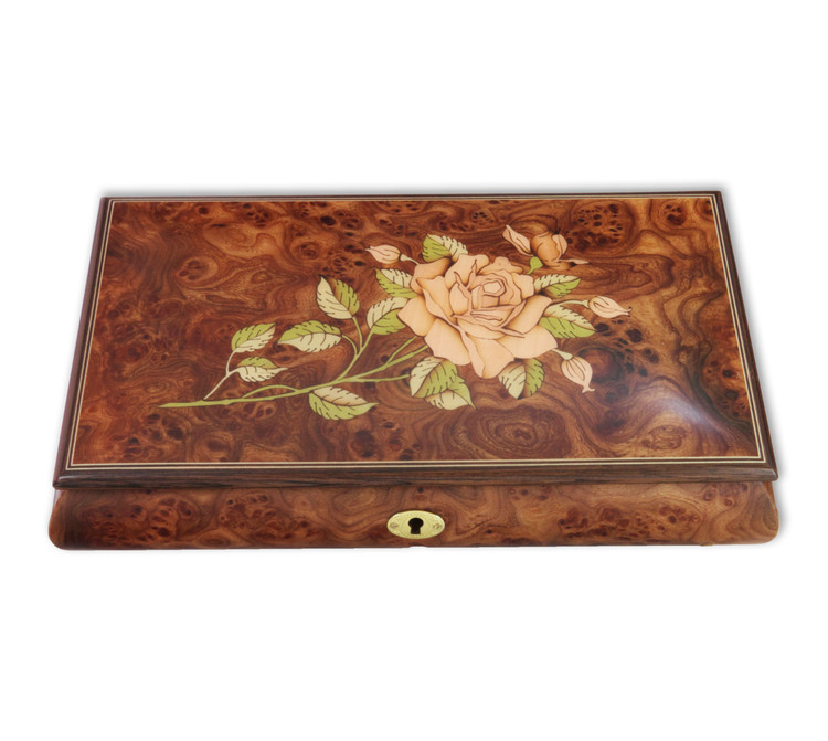Dunkle-Schmuckschatulle mit Holzeinlegearbeit als Rosen-Motiv, 23 T�ne Melodie w�hlbar